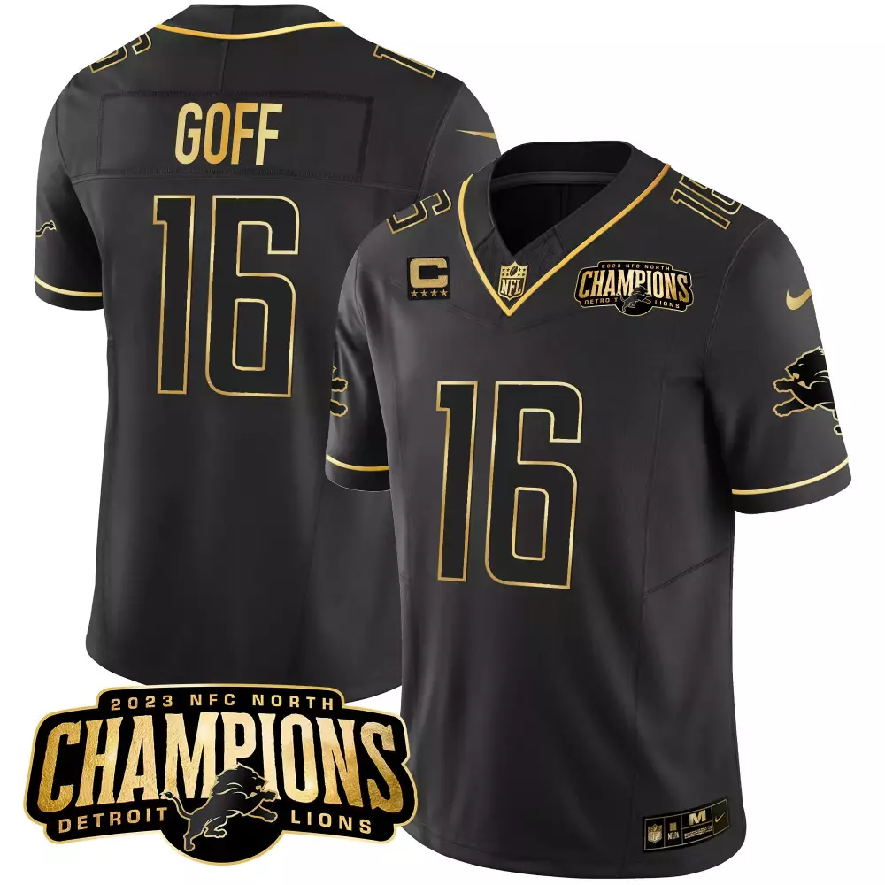 Jared Goff 16 Detroit Lions Jersey Black 2023 NFC North Champions Men Gold Vapor