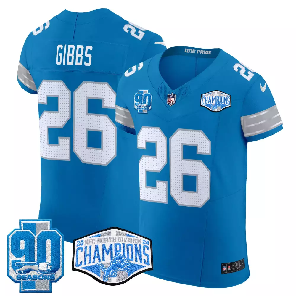 Jahmyr Gibbs 26 Lions Jersey Blue 90 Seasons Men Standard White Silver Vapor Elite