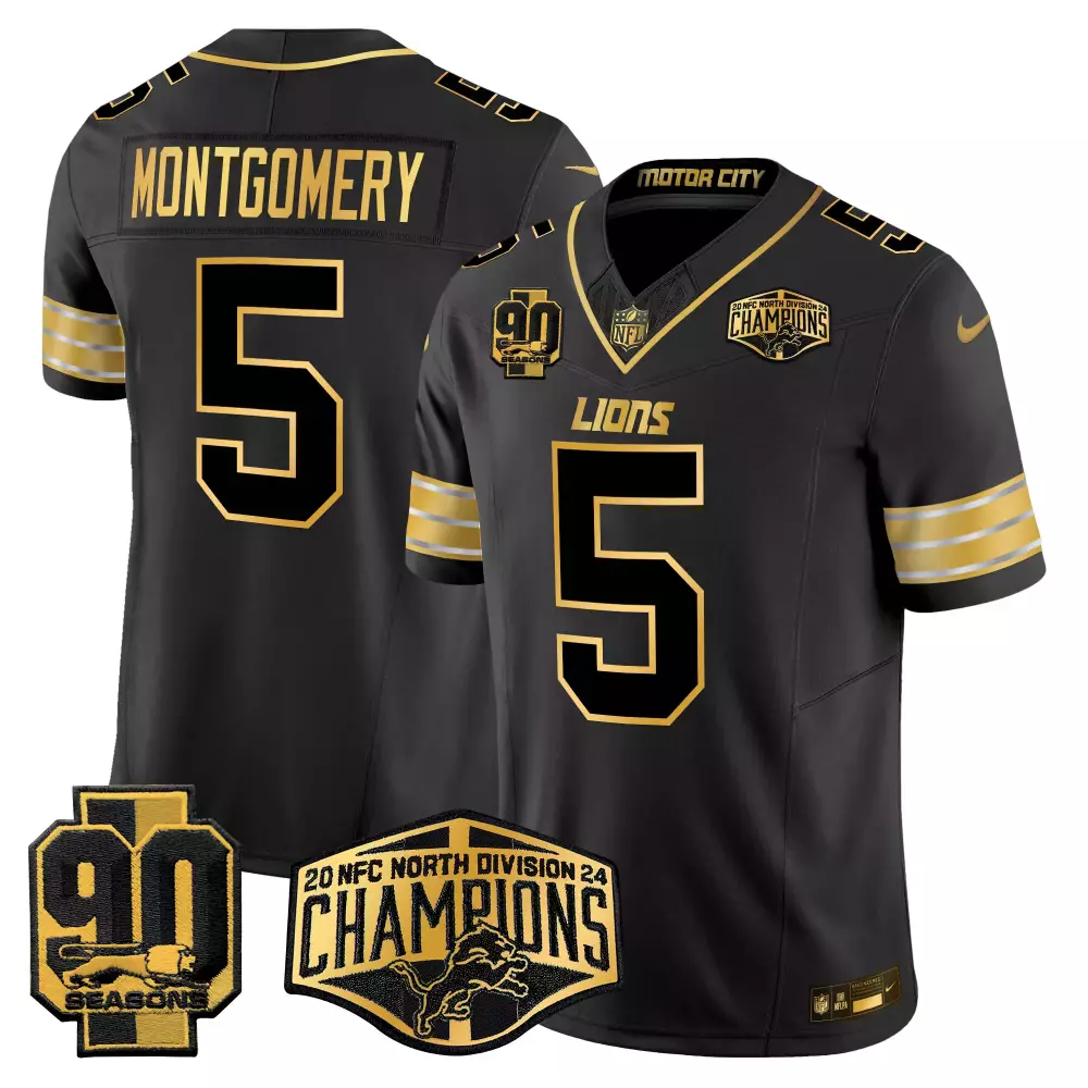 David Montgomery 5 Lions Jersey Black 2024 NFC North Division Champions 90 Seasons