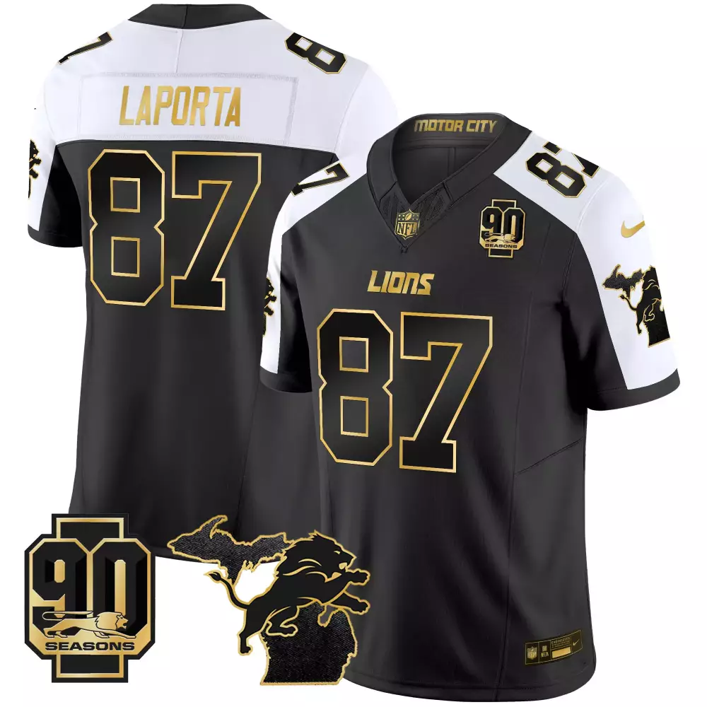 Sam Laporta 87 Lions Jersey Black 90th Season 90 Seasons Motor City Men White Gold