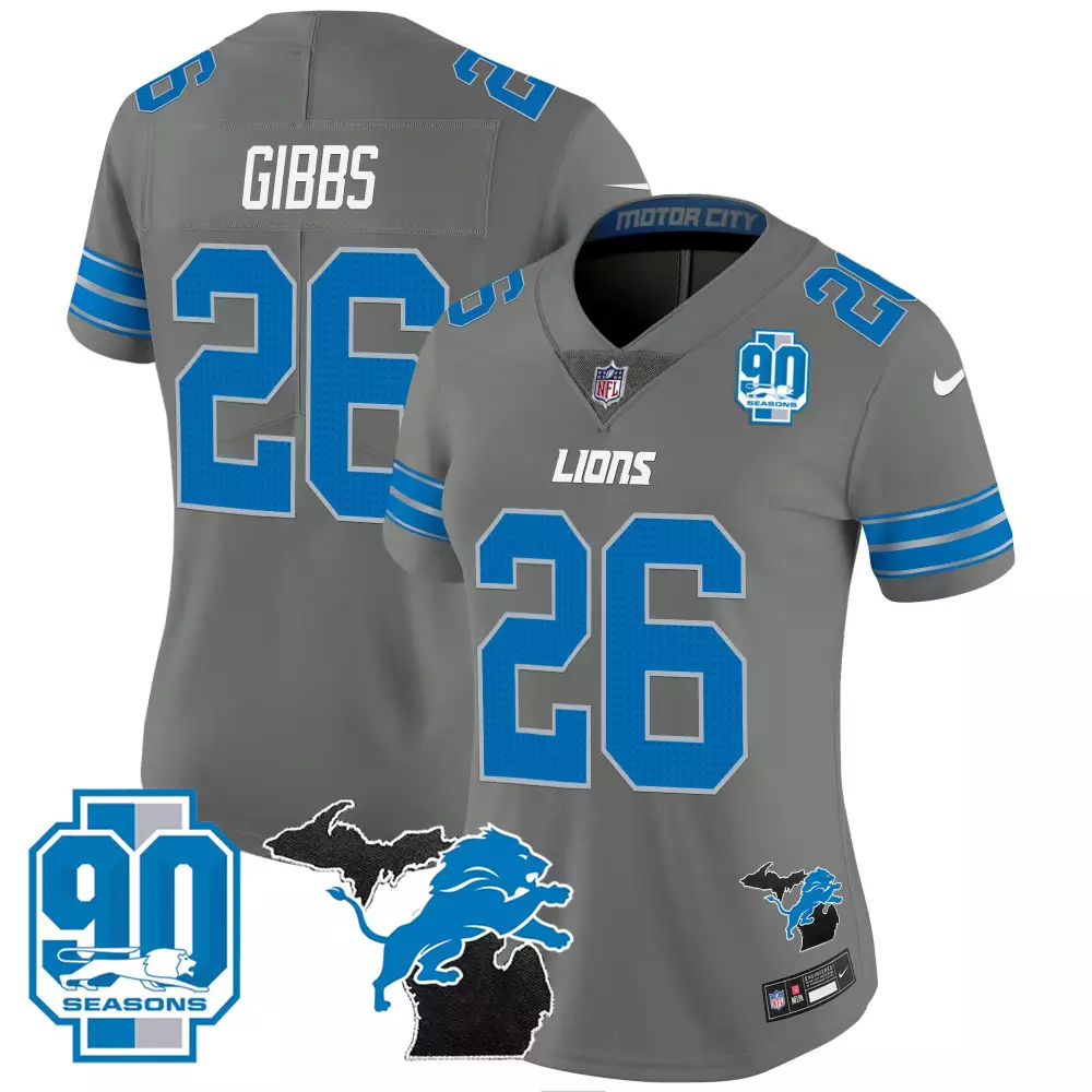 Jahmyr Gibbs 26 Lions Jersey Gray 90 Seasons Men Player Blue White Vapor All Stitched