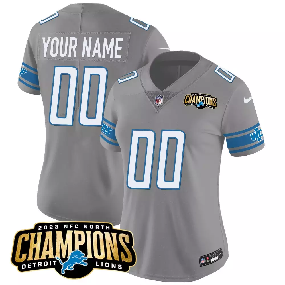 Custom Detroit Lions Jersey Gray 2023 NFC North Champions Women Replica Blue White
