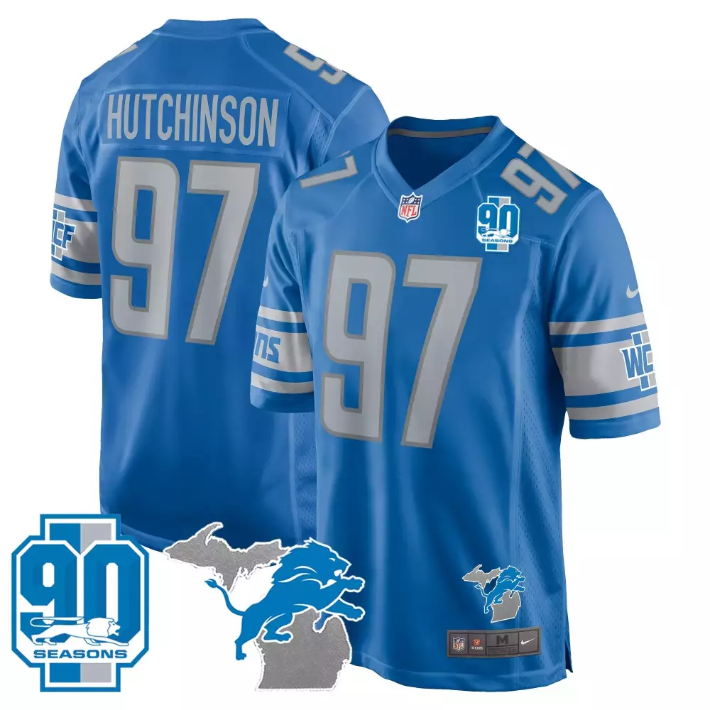 Hutchinson Year 97 Lions Jersey Blue 90 Seasons Men Silver White Game All Stitched
