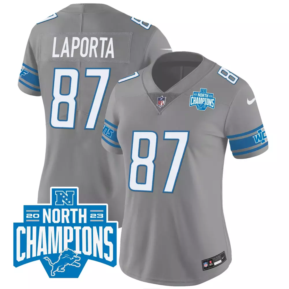 Sam Laporta 87 Detroit Lions Jersey Gray 2023 North Champions Women Team Blue White