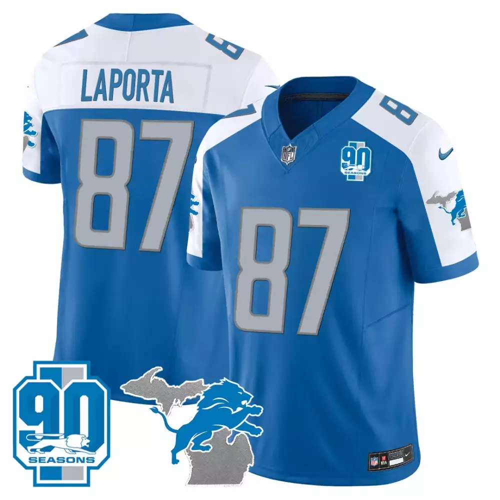 Sam Laporta 87 Detroit Lions Jersey Blue 90th Season 90 Seasons Men Authentic White