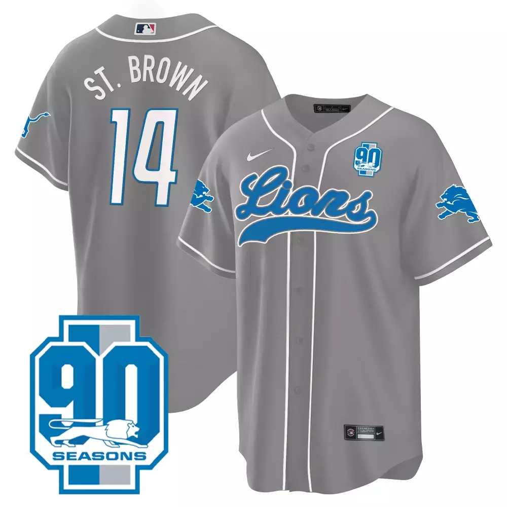 Amon-ra St. 14 Lions Jersey Grey 90th Season 90 Seasons 2023 Blue White All Stitched
