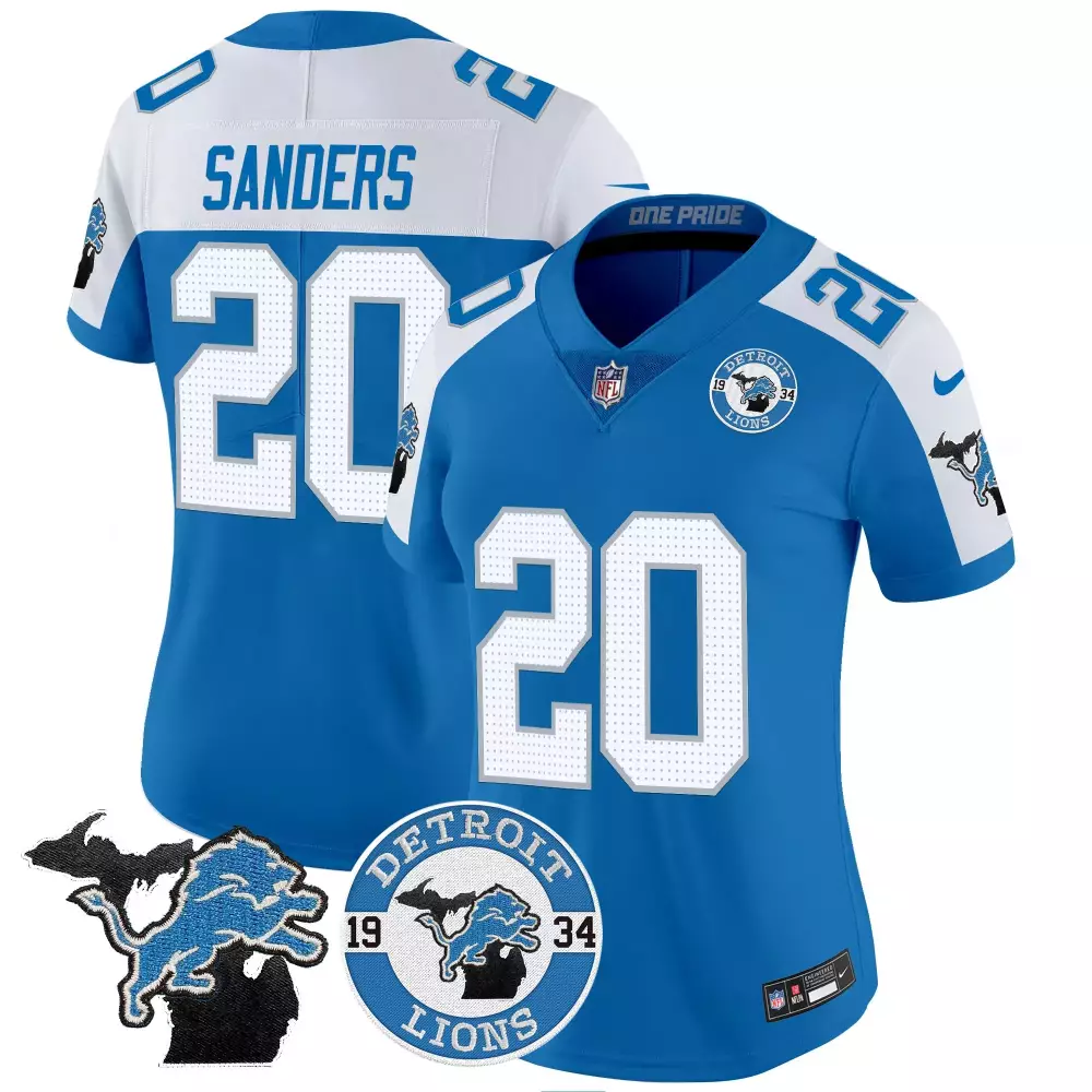 Barry Sanders 20 Detroit Lions Jersey Blue State Michigan Outline Men White Alternate