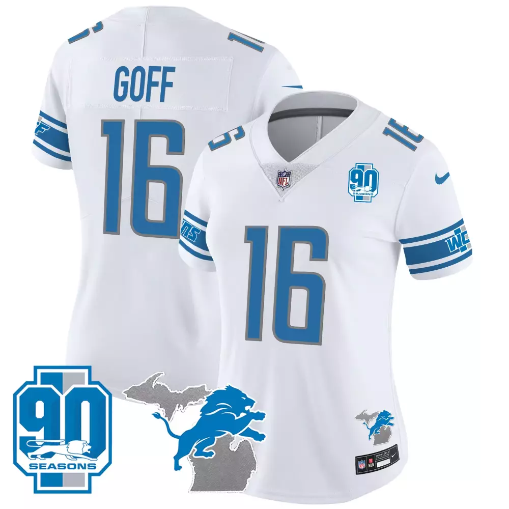 Jared Goff 16 Lions Jersey White 90th Season 90 Seasons Men Standard Blue Gray Vapor