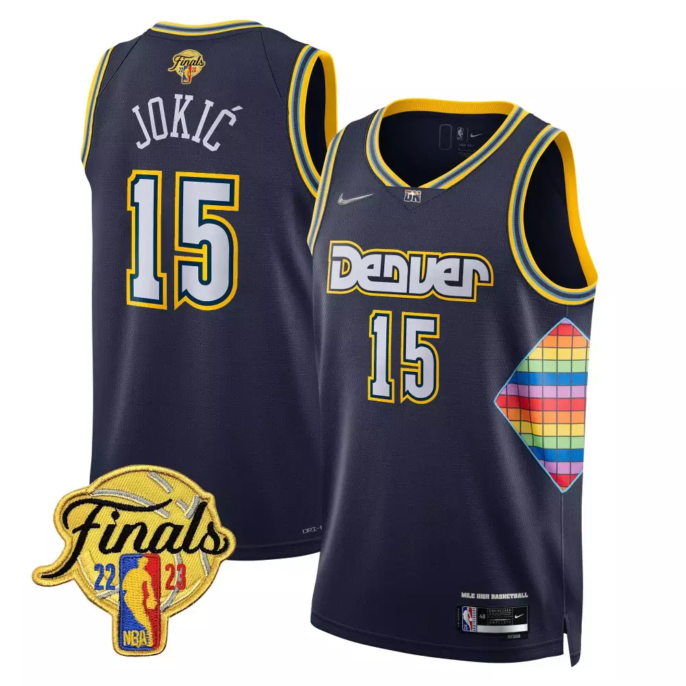 Nikola Jokic 15 Denver Nuggets Jersey Navy 2023 NBA Finals Men Yellow White All Stitched