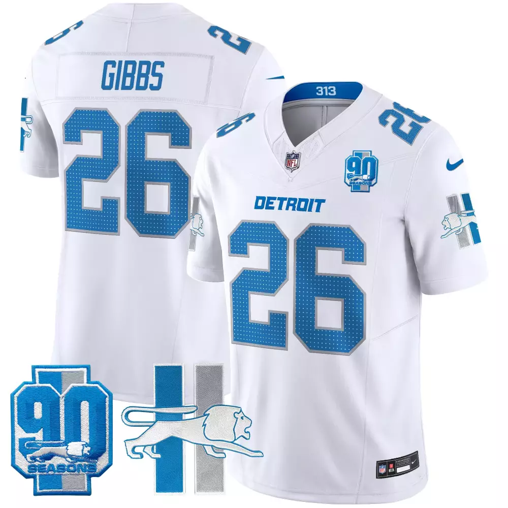 Jahmyr Gibbs 26 Lions Jersey White 90 Seasons Men Alternate Blue Silver Throwback