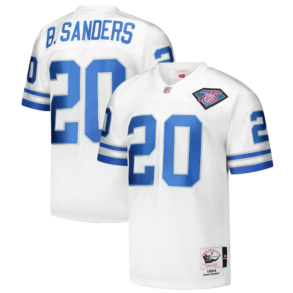 Barry Sanders 20 Lions Jersey White 1994 75TH Anniversary Men Authentic Throwback