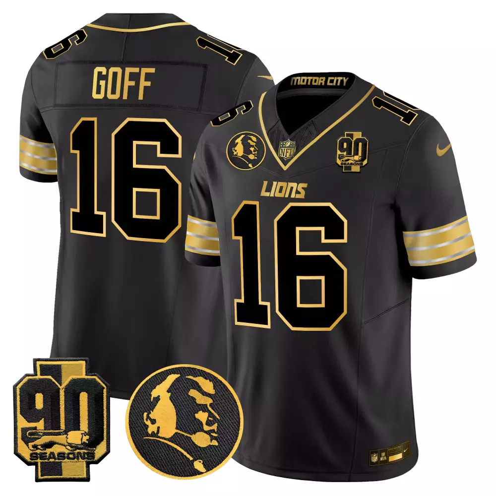 Jared Goff 16 Lions Jersey Black 90th Season 90 Seasons Detroit Men Alternate Gold