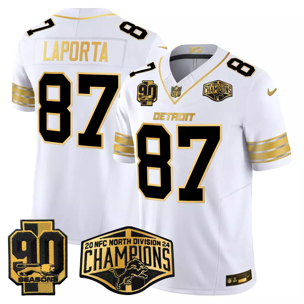 Sam Laporta 87 Detroit Lions Jersey White 2023 NFC North Division Champions 90 Seasons
