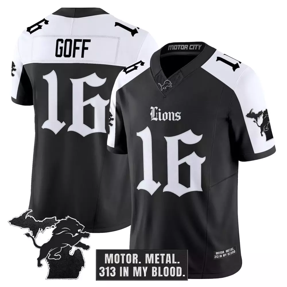 Goff Motor 16 Lions Jersey Black Michigan Outline Lion Graphic Men Alternate Split Design