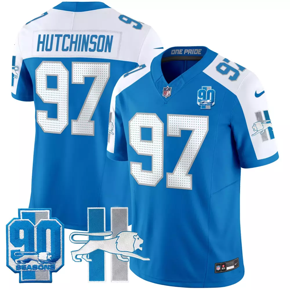 Aidan Hutchinson 97 Detroit Lions Jersey Blue 90th Season 90 Seasons Men Replica