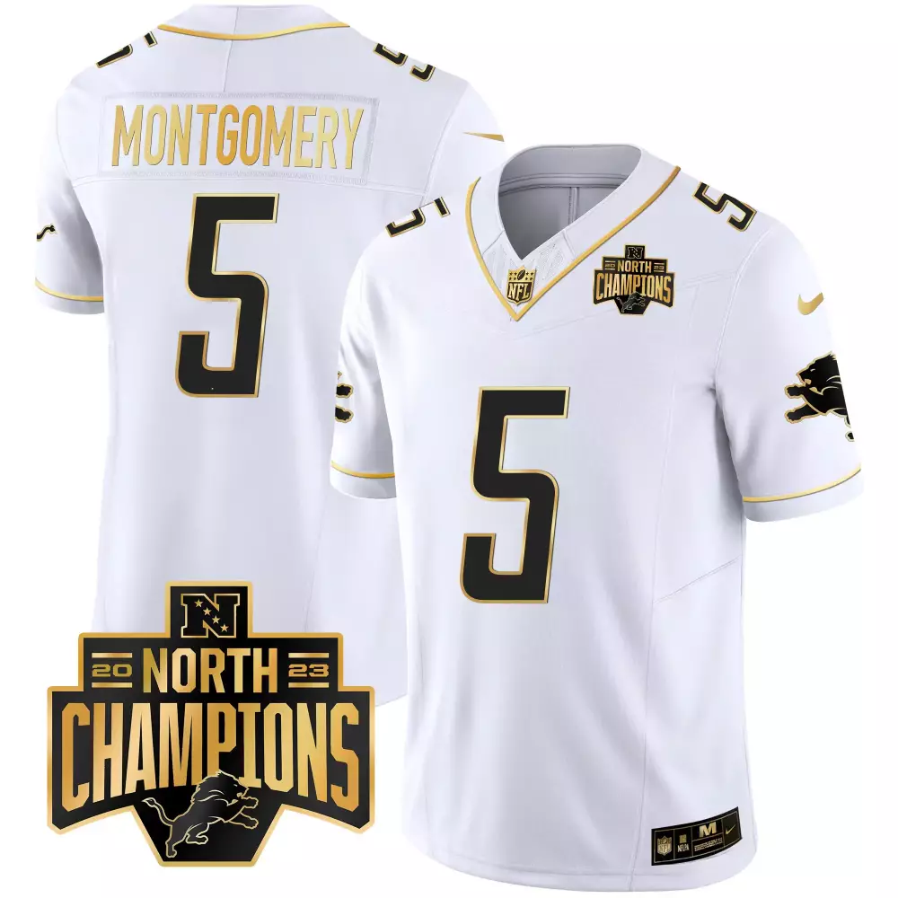 David Montgomery 5 Lions Jersey White 2023 North Champions Men Black Gold All Stitched