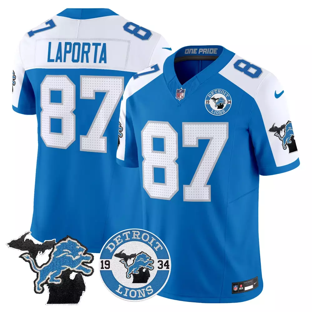 Sam Laporta 87 Detroit Lions Jersey Blue Circular Men White Alternate Vapor Limited
