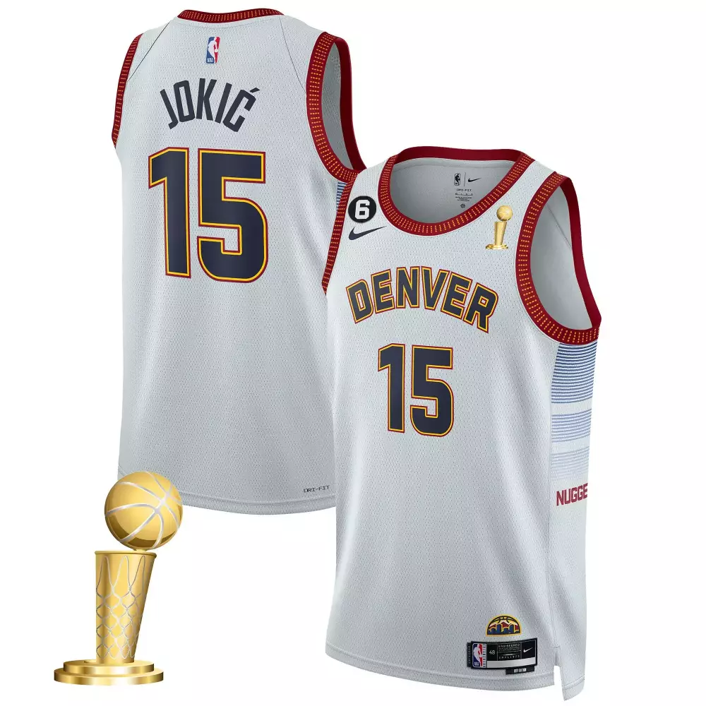 Nikola Jokic 15 Denver Nuggets Jersey White 2023 NBA Champions Dri-fit Larry O'brien Championship Trophy