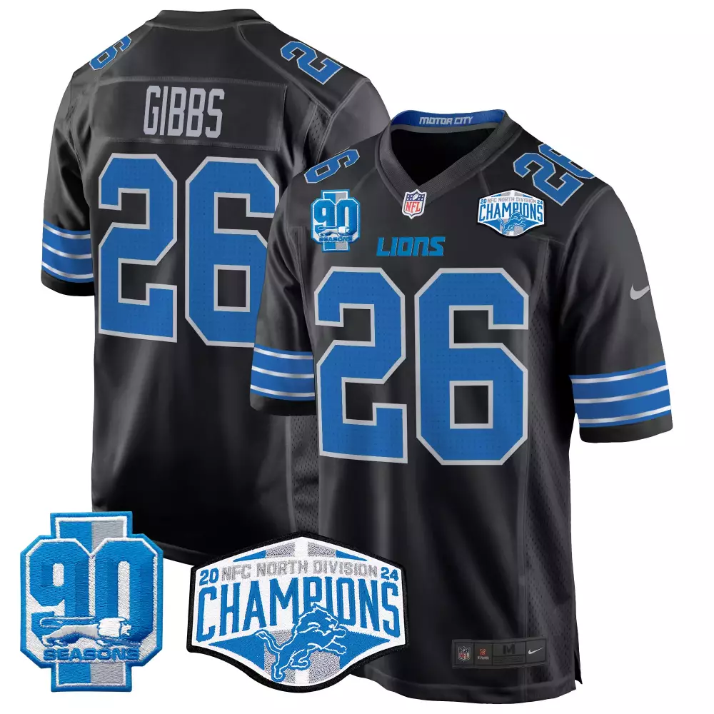 Jahmyr Gibbs 26 Lions Jersey Black 90 Seasons Men Blue White Game All Stitched