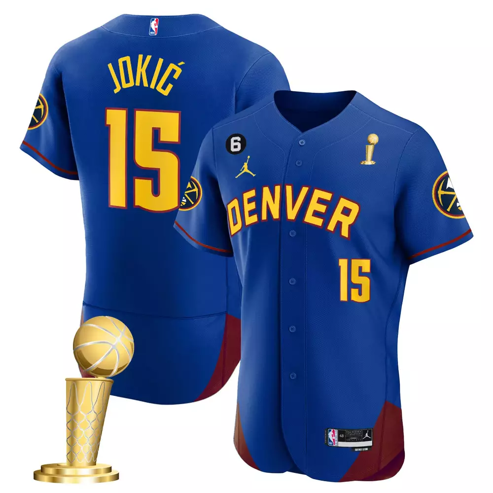 Nikola Jokic 15 Denver Nuggets Jersey Blue NBA Championship Trophy Men Yellow Red