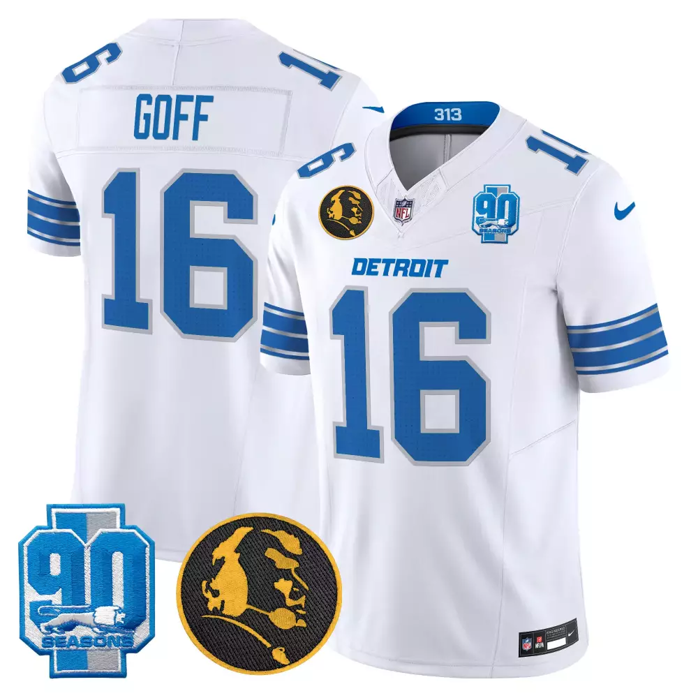 Jared Goff 16 Detroit Lions Jersey White 90th Season 90 Seasons Head 2023 Men Player