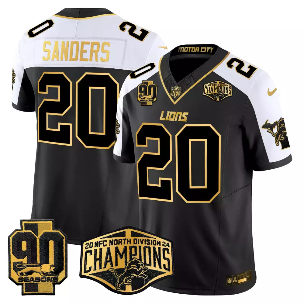 Barry Sanders 20 Lions Jersey Black 2023 NFC North Champions 90 Seasons Men Alternate
