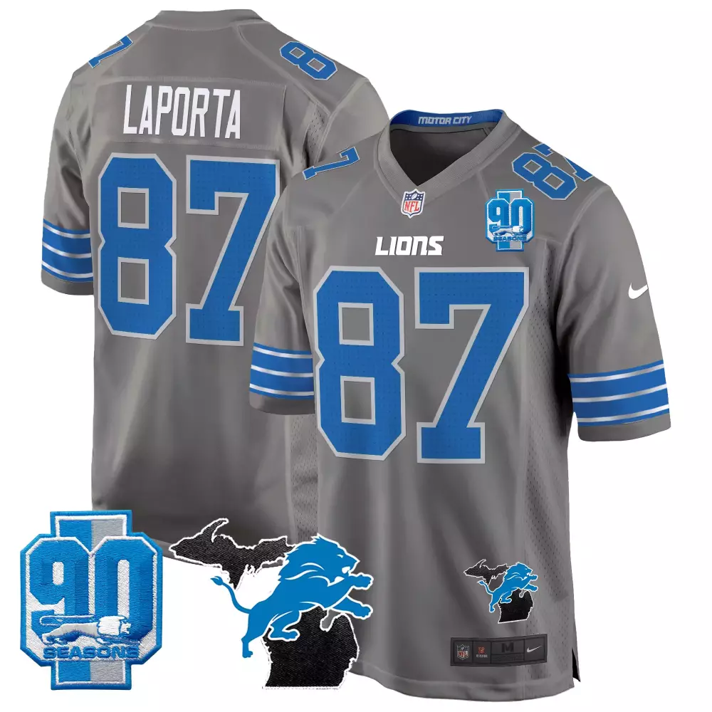 Sam Laporta 87 Lions Jersey Gray 90 Seasons Men Standard Blue White Game All Stitched