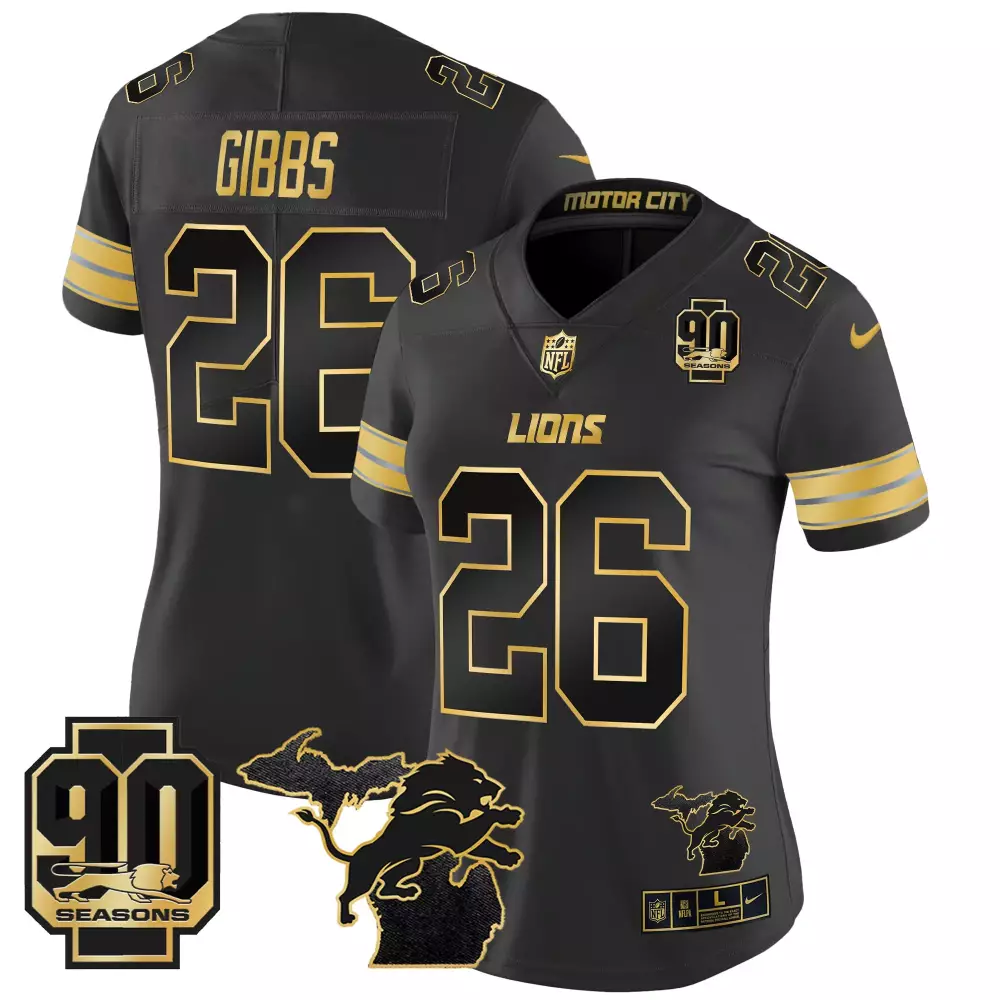Jahmyr Gibbs 26 Lions Jersey Black Motor City 90 Seasons Men Gold Vapor Limited All