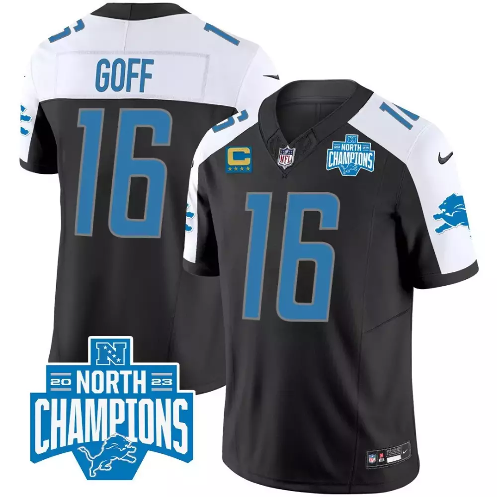 Jared Goff 16 Detroit Lions Jersey Black NFC North Champions 2023 Men Alternate White