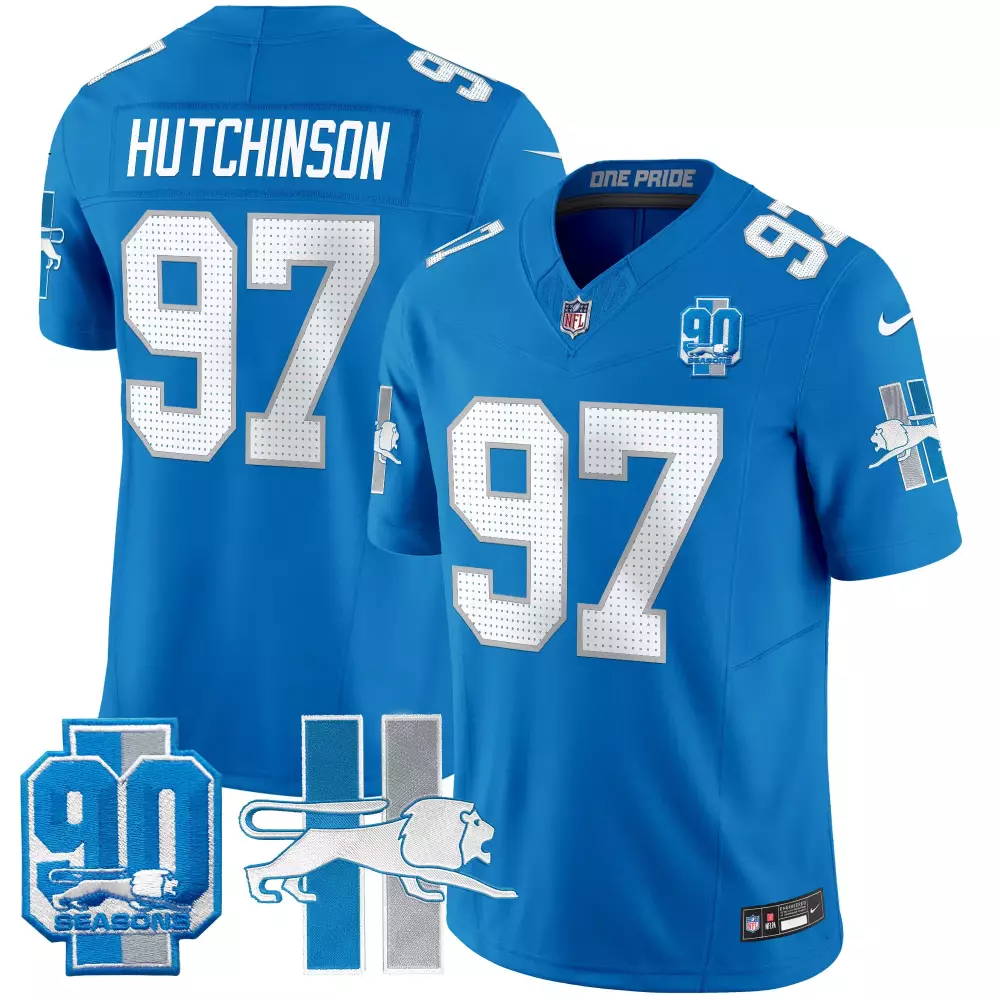 Aidan Hutchinson 97 Detroit Lions Jersey Blue 90th Season 90 Seasons 2023 Men Silver