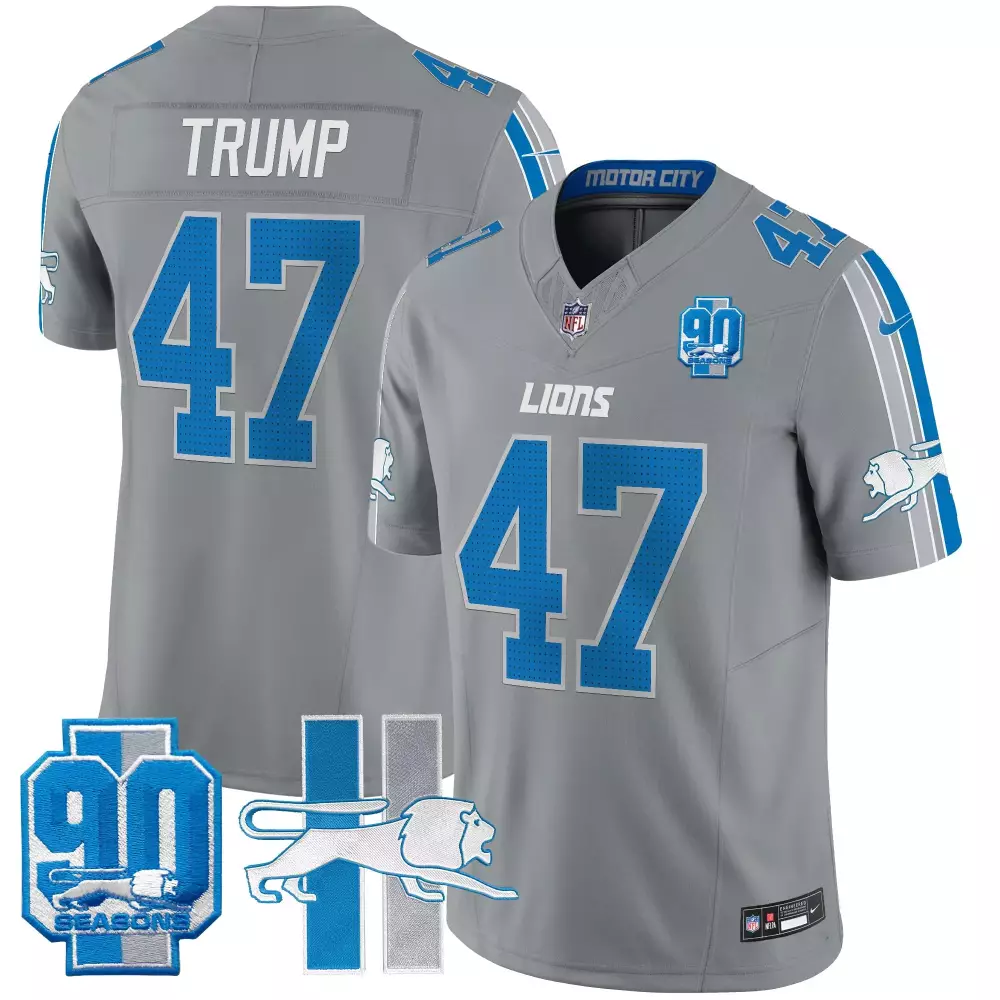 Donald Trump 47 Lions Jersey Gray 90th Season 90 Seasons Motor City Men Blue Throwback