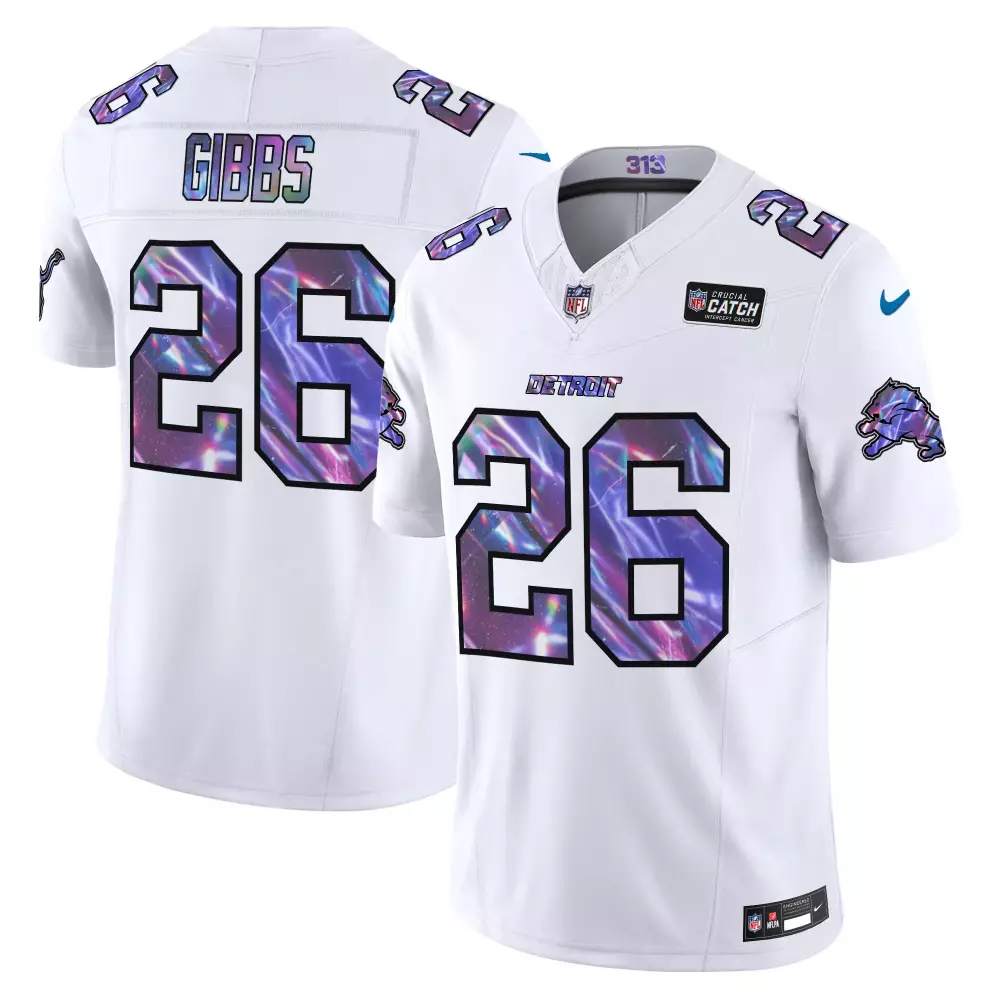 Jahmyr Gibbs 26 Detroit Lions Jersey White Crucial Catch Men Alternate Split Design