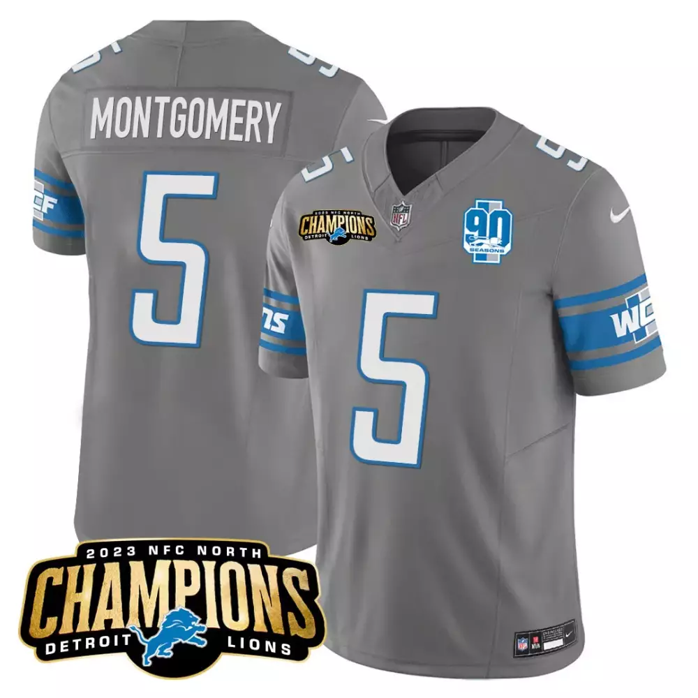 David Montgomery 5 Detroit Lions Jersey Gray 90 Seasons Men Blue White Vapor v2 All