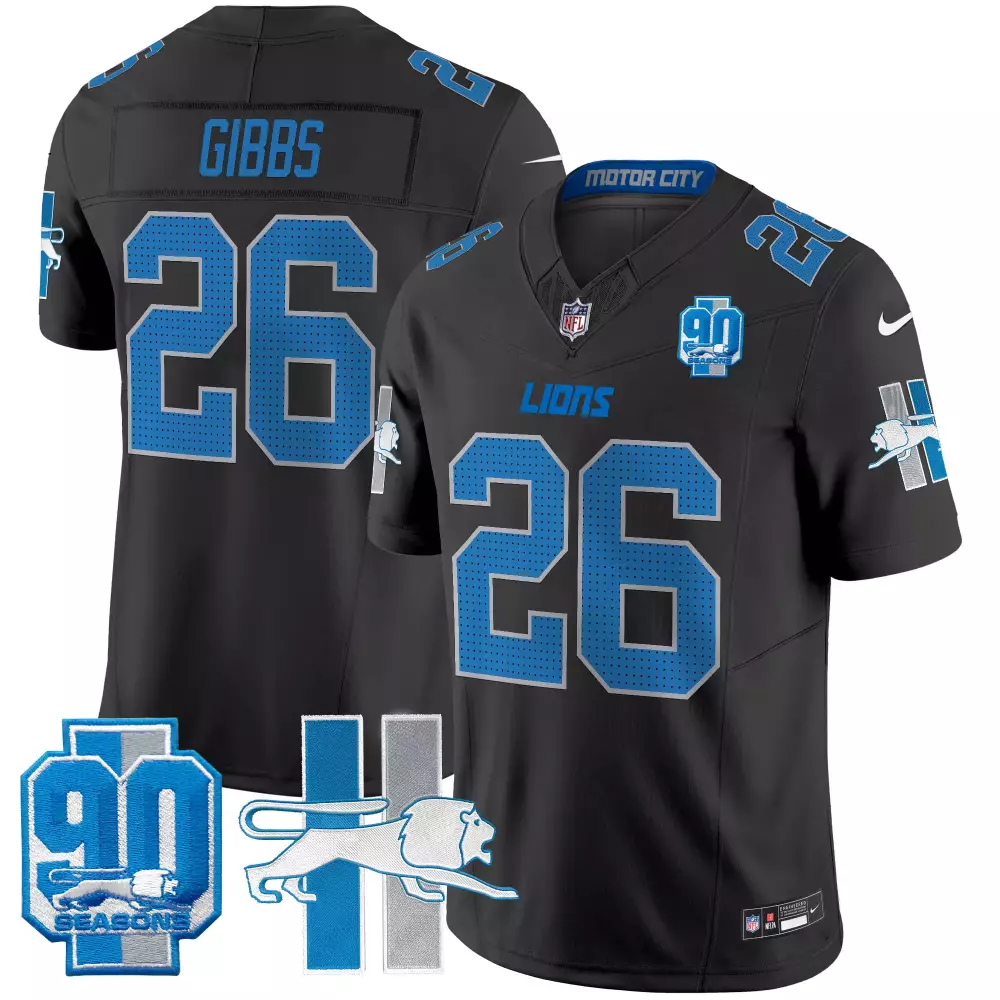 Jahmyr Gibbs 26 Lions Jersey Black 90th Season 90 Seasons 2023 Men Standard Blue