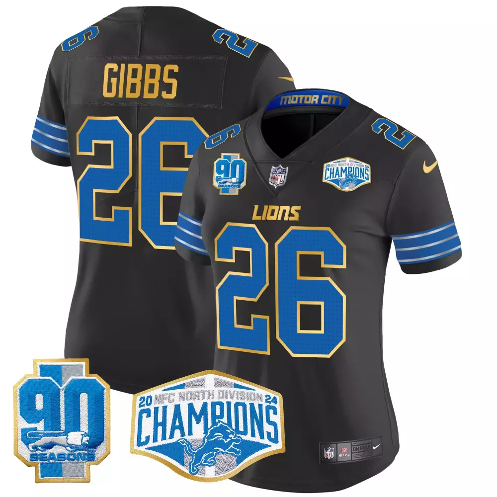 Jahmyr Gibbs 26 Lions Jersey Black 2023 NFC North Division Champions 90 Seasons Men