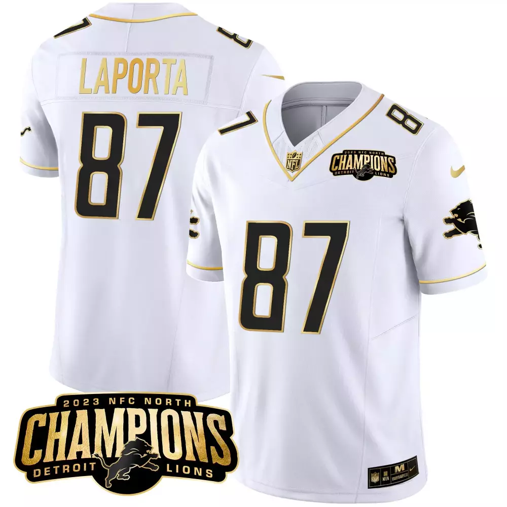 Sam Laporta 87 Detroit Lions Jersey White 2023 NFC North Champions Men Black Gold