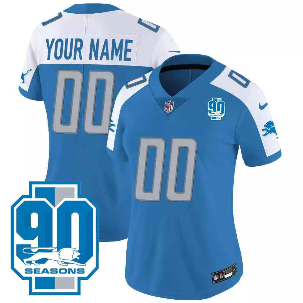 Custom Detroit Lions Jersey Blue 90 Seasons Men Standard White Grey All Stitched