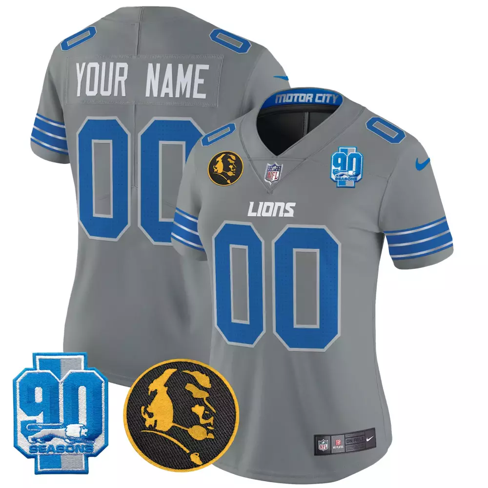Custom Lions Jersey Gray 90th Anniversary 90 Seasons Head Women Blue White Vapor
