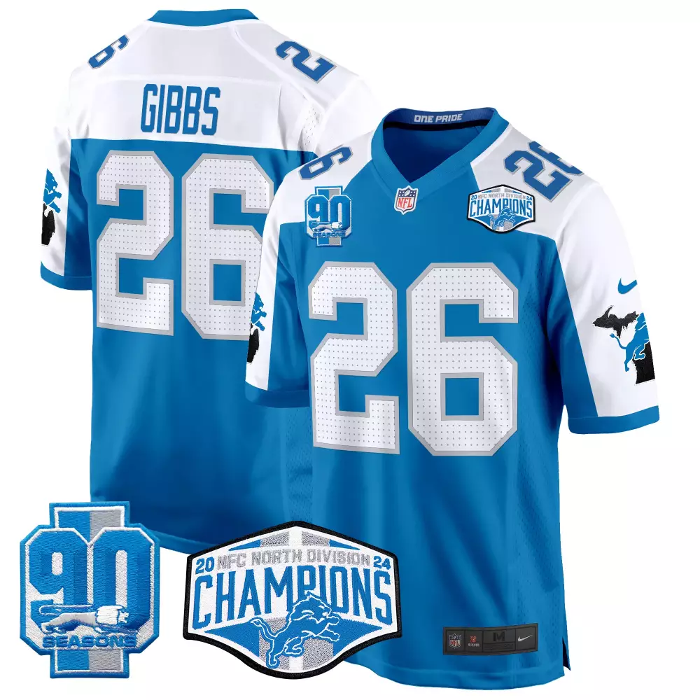 Jahmyr Gibbs 26 Lions Jersey Blue 90 Seasons Men White Alternate Game All Stitched
