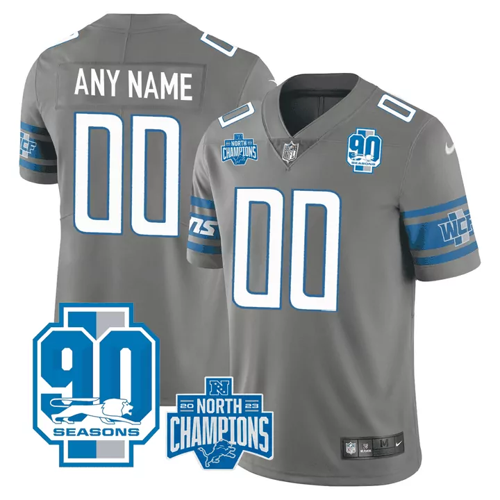 Detroit Lions Jersey Gray 90 Seasons 2023 North Champions Men Blue White All Stitched