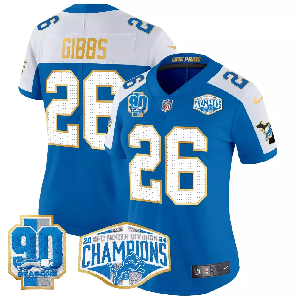 Jahmyr Gibbs 26 Detroit Lions Jersey Blue 2024 NFC North Division Champions 90 Seasons
