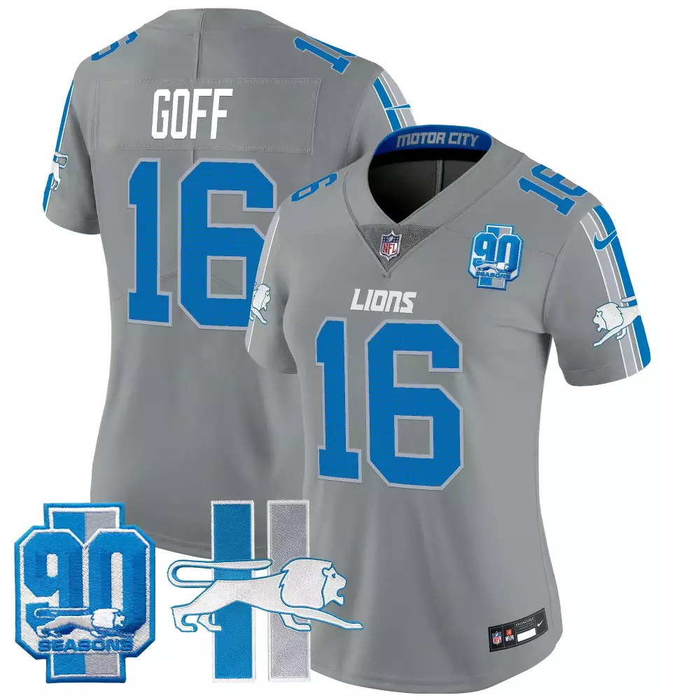 Jared Goff 16 Lions Jersey Grey 90 Seasons Men Standard Blue Throwback Vapor Limited