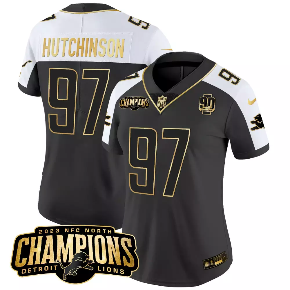 Aidan Hutchinson 97 Detroit Lions Jersey Black 2023 NFC North Champions 90 Seasons