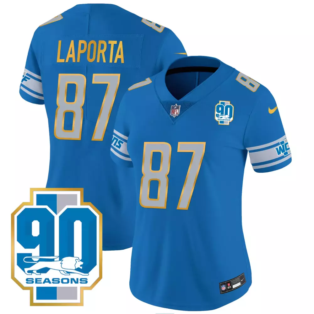 Laporta Year 87 Detroit Lions Jersey Blue 90 Seasons Men Standard Silver White Yellow