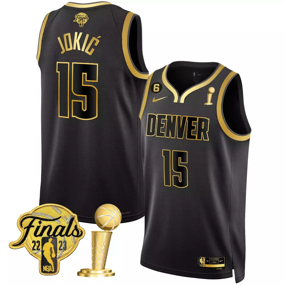 Nikola Jokic 15 Denver Nuggets Jersey Black NBA Finals 2023 Men Gold All Stitched