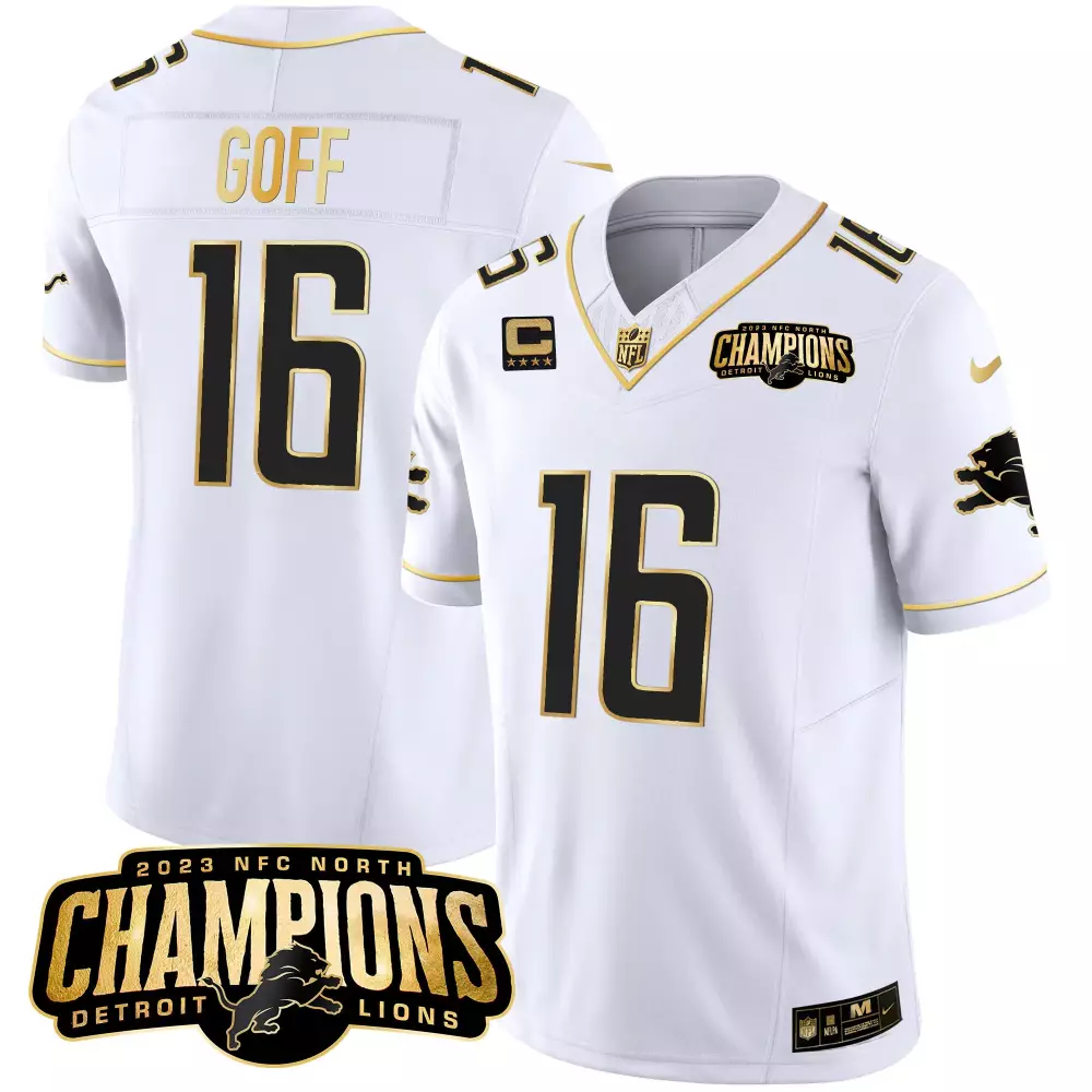 Jared Goff 16 Detroit Lions Jersey White 2023 NFC North Champions (captain) Men Black