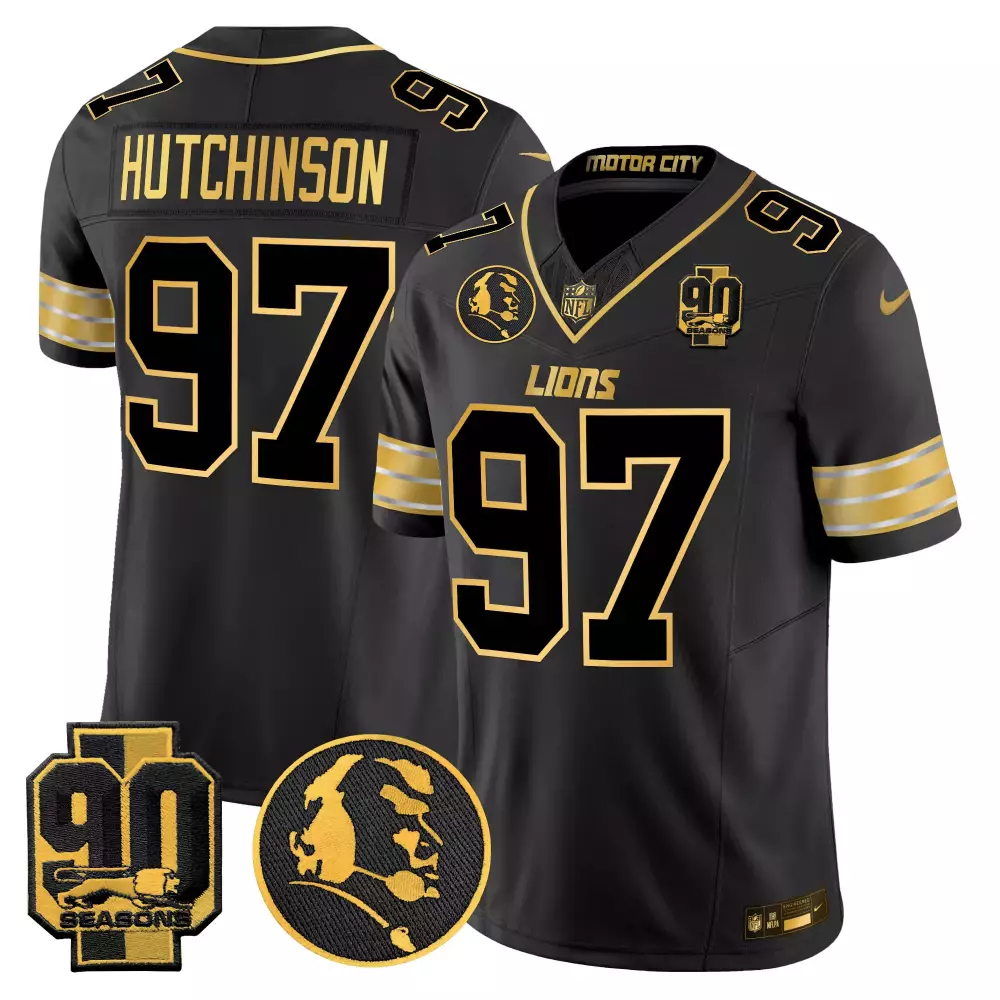 Hutchinson 97 Lions Jersey Black 90th Season 90 Seasons Head Men NFL Alternate Gold
