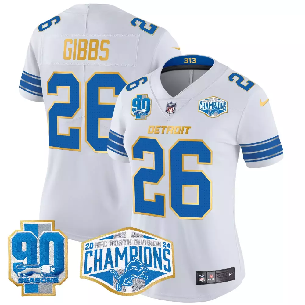 Jahmyr Gibbs 26 Detroit Lions Jersey White 90th Season 90 Seasons Men Replica Blue