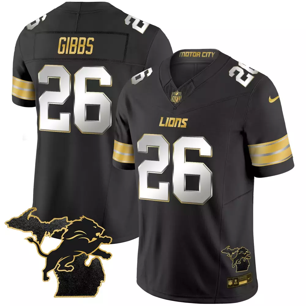 Jahmyr Gibbs 26 Lions Jersey Black Michigan Outline Lion Men Gold Silver All Stitched