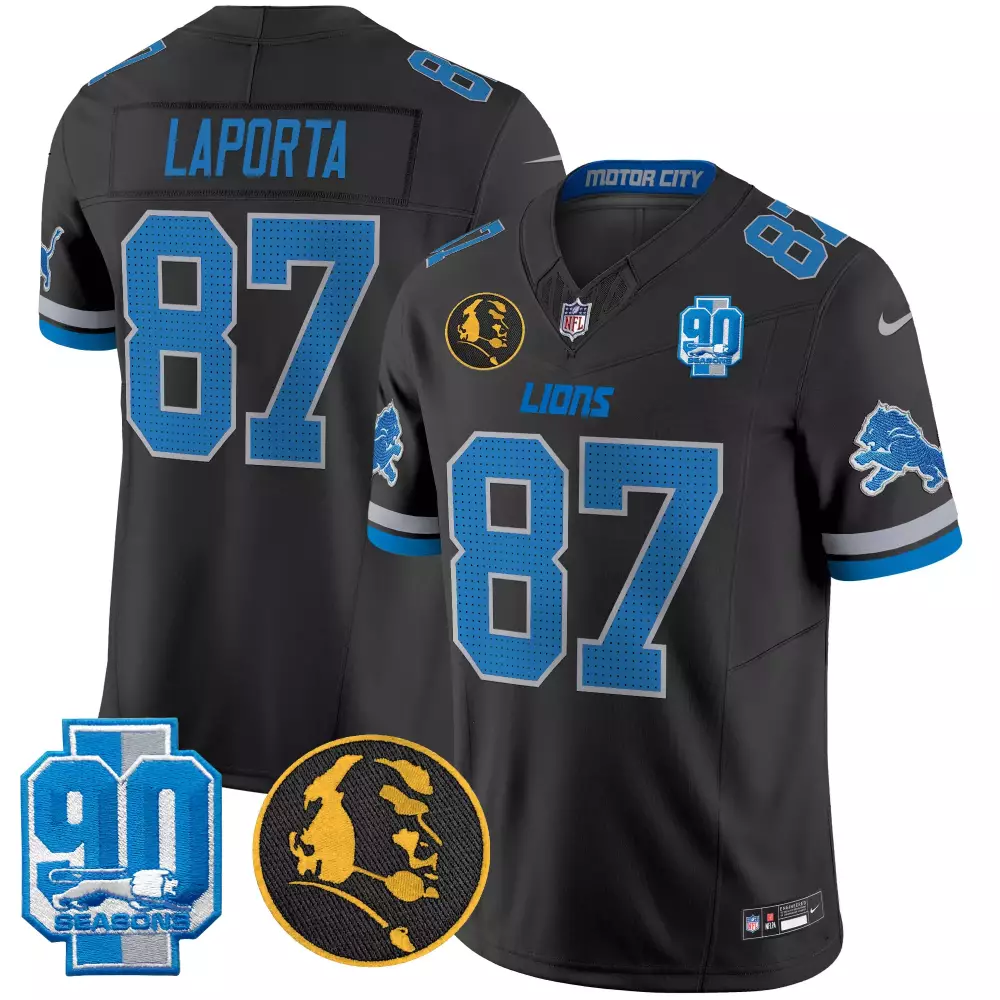 Sam Laporta 87 Lions Jersey Black 90th Season 90 Seasons Head 2023 Men Blue Gray